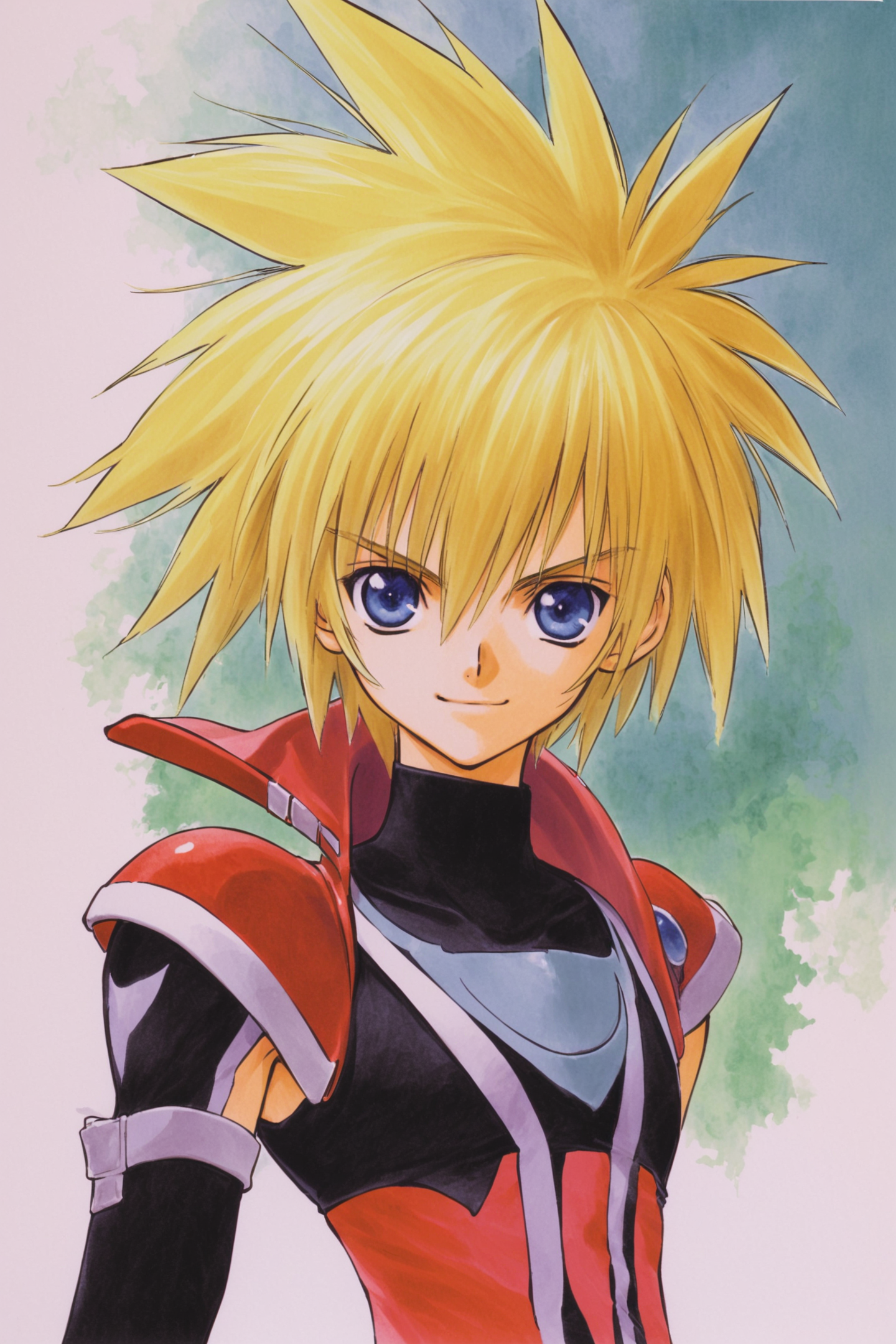 35636-2030097880-Kyle Dunamis(Tales of Destiny 2),solo,male focus,1boy,blonde hair,blue eyes,white background,spiked hair,simple background,smile.png